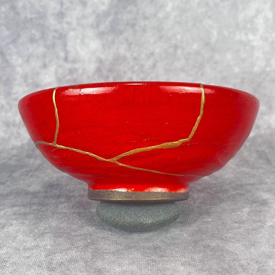 Golden Rose Raku Kintsugi Kintsukuroi Bowl